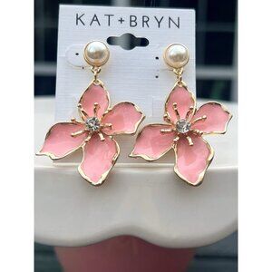 Pink Floral Drop Earrings With Faux Pearl Stud & Gold Detailing By Kat + Bryn